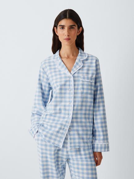 John Lewis Gingham Check Button Through Long Pyjama Set, Blue, Blue