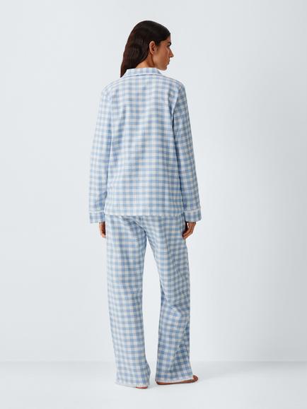 John Lewis Gingham Check Button Through Long Pyjama Set, Blue - view 2, Blue
