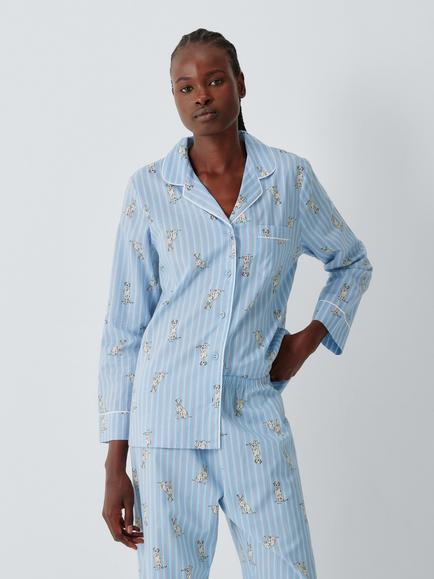 John Lewis Dalmation Cotton Button Through Long Pyjama Set, Blue, Blue