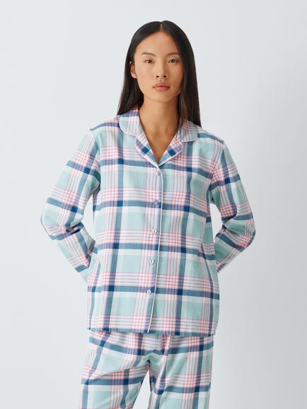 John Lewis Cotton Check Button Through Long Pyjama Set, Blue, Blue