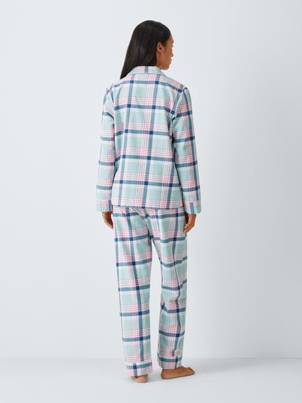 John Lewis Cotton Check Button Through Long Pyjama Set, Blue - view 2, Blue