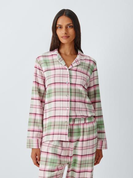 John Lewis Cotton Check Button Through Long Pyjama Set, Green, Green