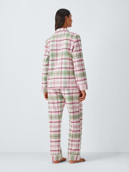 John Lewis Cotton Check Button Through Long Pyjama Set, Green - view 2, Green