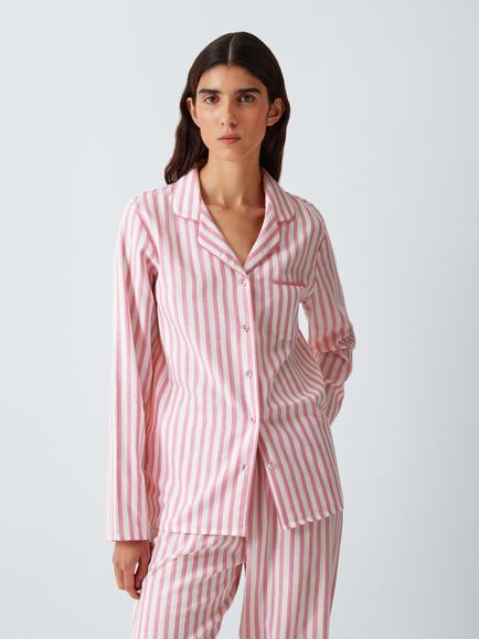 John Lewis Luna Cotton Stripe Button Through Long Pyjama Set, Pink, Pink