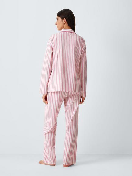 John Lewis Luna Cotton Stripe Button Through Long Pyjama Set, Pink - view 2, Pink