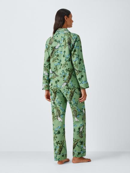 John Lewis Peacock Cotton Button Through Long Pyjama Set, Green - view 2, Green