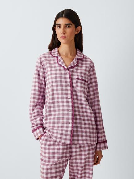 John Lewis Gingham Check Button Through Long Pyjama Set, Pink/Zinfandel, Pink/Zinfandel