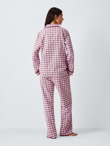 John Lewis Gingham Check Button Through Long Pyjama Set, Pink/Zinfandel - view 2, Pink/Zinfandel