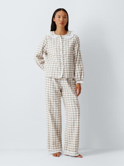 John Lewis Frill Check Cotton Button Through Long Pyjama Set, Toffee, Toffee