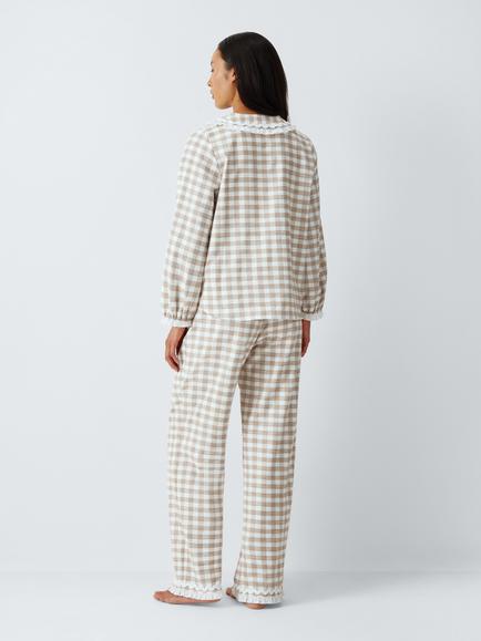 John Lewis Frill Check Cotton Button Through Long Pyjama Set, Toffee - view 2, Toffee