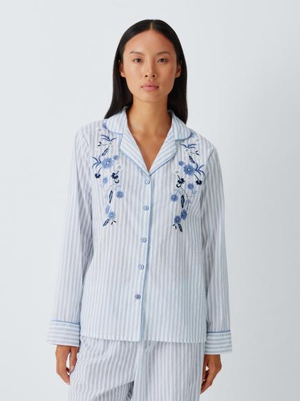 John Lewis Embroidered Button Through Long Cotton Pyjama Set, Blue, Blue