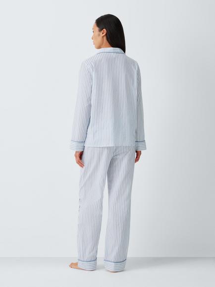 John Lewis Embroidered Button Through Long Cotton Pyjama Set, Blue - view 2, Blue