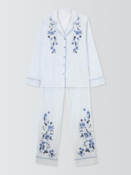 John Lewis Embroidered Button Through Long Cotton Pyjama Set, Blue, Blue