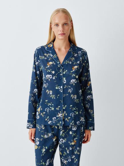 John Lewis Cotton Floral Placement Pyjama Set, Navy, Navy