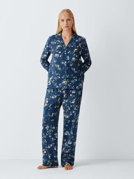 John Lewis Cotton Floral Placement Pyjama Set, Navy - view 2, Navy