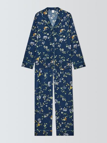 John Lewis Cotton Floral Placement Pyjama Set, Navy, Navy
