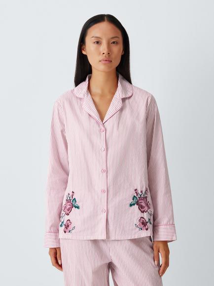 John Lewis Embroidered Button Through Long Cotton Pyjama Set, Pink, Pink
