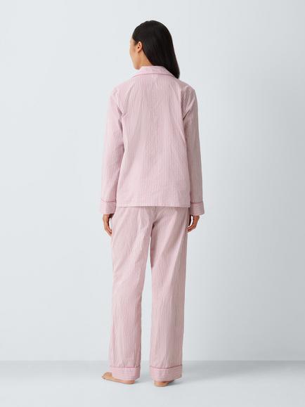 John Lewis Embroidered Button Through Long Cotton Pyjama Set, Pink - view 2, Pink