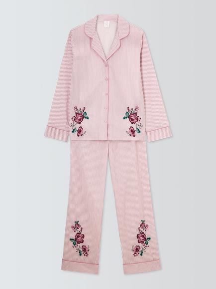 John Lewis Embroidered Button Through Long Cotton Pyjama Set, Pink, Pink