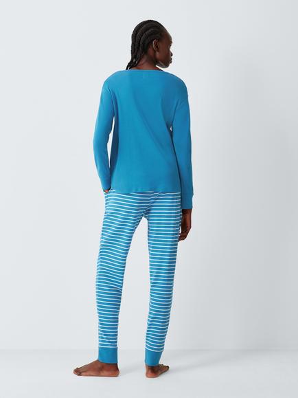 John Lewis Striped Cuffed Long Pyjama Set, Blue - view 2, Blue