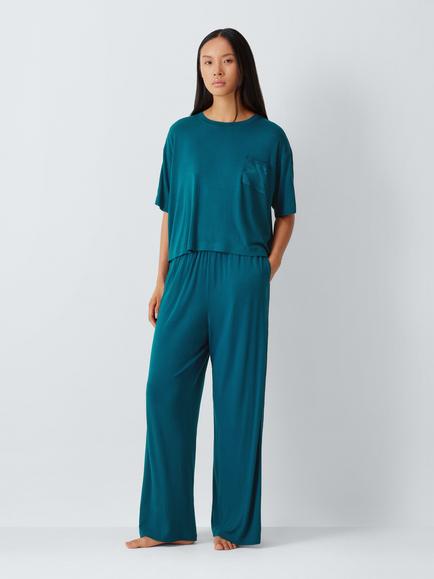 John Lewis Satin Trim Long Cotton Pyjama Set, Navy, Navy