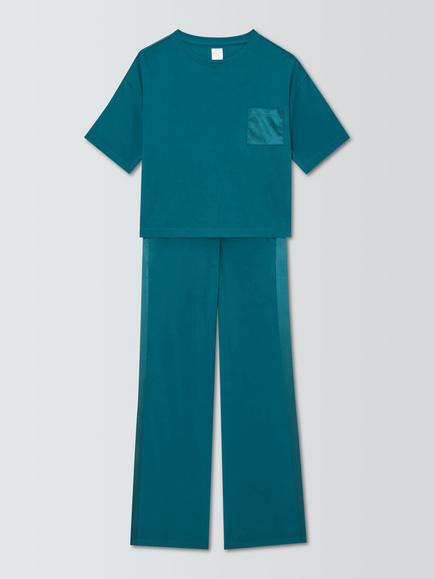 John Lewis Satin Trim Long Cotton Pyjama Set, Navy, Navy