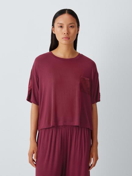 John Lewis Cotton Satin Trim Short Sleeve Pyjama Set, Zinfandel, Zinfandel