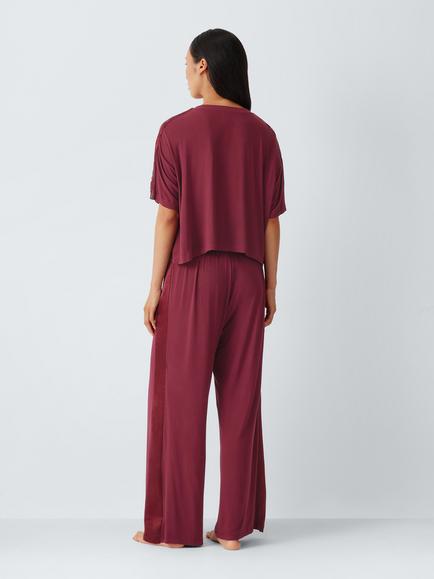 John Lewis Cotton Satin Trim Short Sleeve Pyjama Set, Zinfandel - view 2, Zinfandel