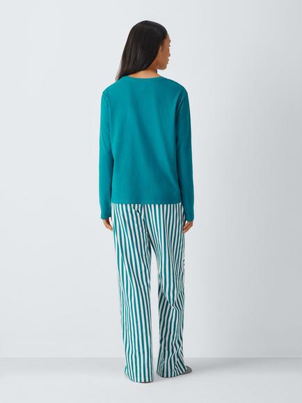 John Lewis Stripe Long Cotton Pyjama Set, Blue - view 2, Blue