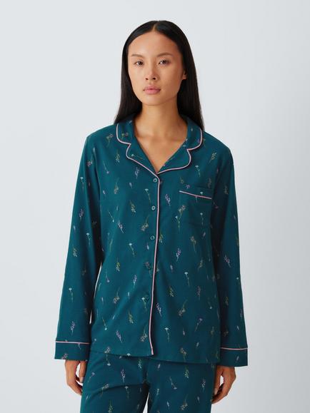 John Lewis Floral Button Through Long Cotton Pyjama Set, Navy, Navy