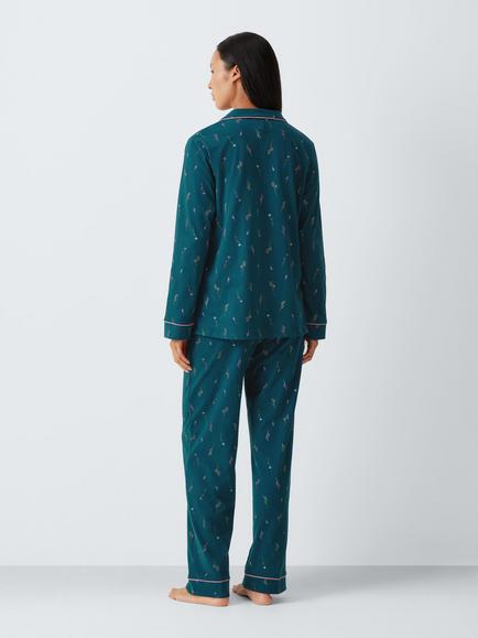 John Lewis Floral Button Through Long Cotton Pyjama Set, Navy - view 2, Navy