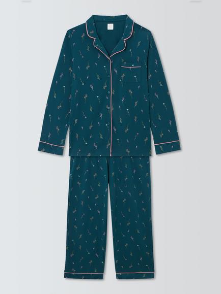John Lewis Floral Button Through Long Cotton Pyjama Set, Navy, Navy