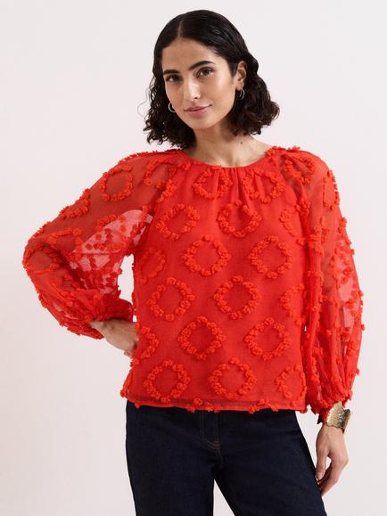 Phase Eight Shayla Textured Blouson Sleeve Blouse, Red, Red