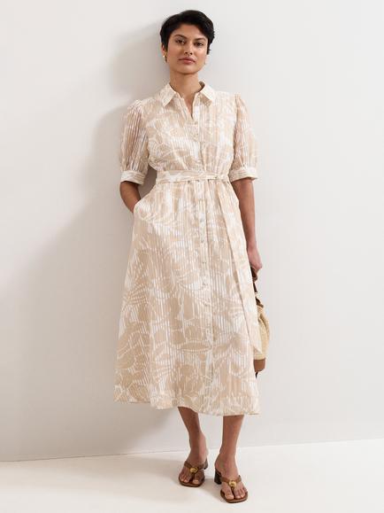 Phase Eight Petite Delphine Floral Shirt Midi Dress, Stone, Stone
