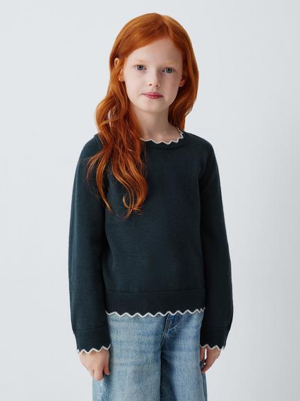 John Lewis Kids' Crew Neck Scallop Trim Jumper, Blue, Blue