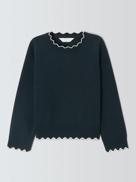 John Lewis Kids' Crew Neck Scallop Trim Jumper, Blue, Blue