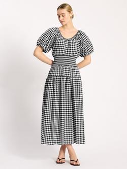 Albaray Gingham Shirred Waist Midi Dress, Black/White, Black/White