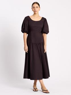 Albaray Scoop Neck Sateen Puff Sleeve Midi Dress, Chocolate, Chocolate
