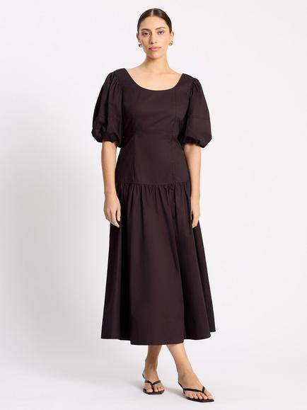 Albaray Scoop Neck Sateen Puff Sleeve Midi Dress, Chocolate, Chocolate