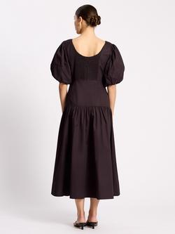 Albaray Scoop Neck Sateen Puff Sleeve Midi Dress, Chocolate - view 2, Chocolate
