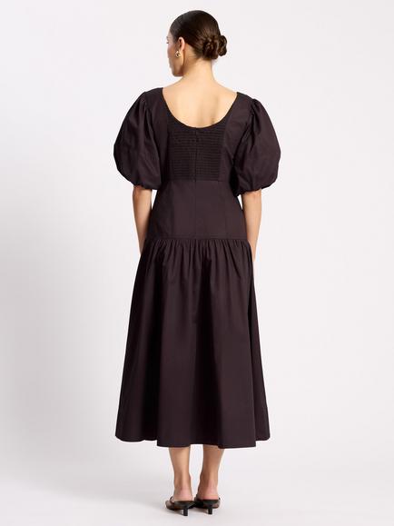 Albaray Scoop Neck Sateen Puff Sleeve Midi Dress, Chocolate - view 2, Chocolate