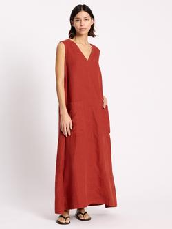 Albaray V-Neck Pure Linen Maxi Dress, Red, Red