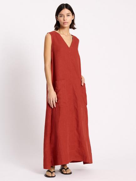 Albaray V-Neck Pure Linen Maxi Dress, Red, Red