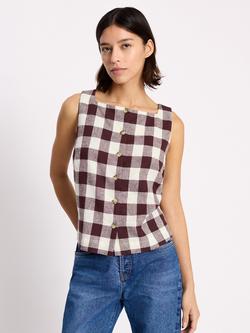 Albaray Gingham Linen Rich Shell Top containing LENZING™ ECOVERO™ Viscose, Burgundy, Burgundy