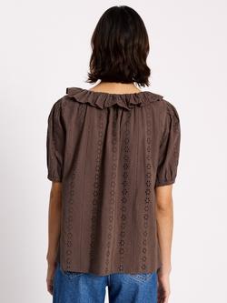 Albaray Ruffle Scoop Neck Dobby Top, Chocolate - view 2, Chocolate