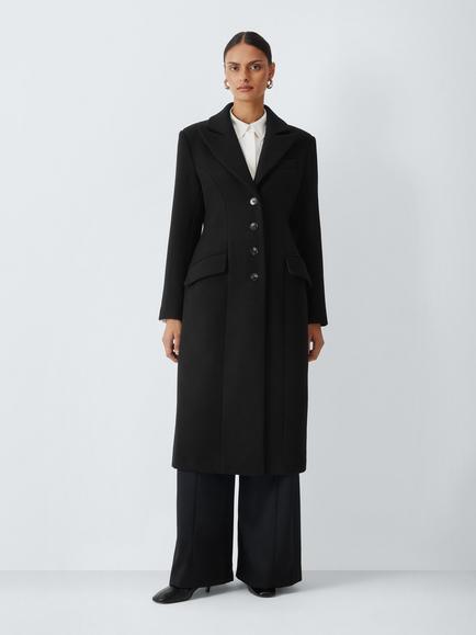 John Lewis Wool Blend Waisted Single Breasted Coat, Black, Black