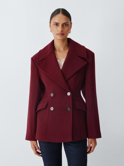 John Lewis Wool Blend Waisted Double Breasted Coat, Berry, Berry