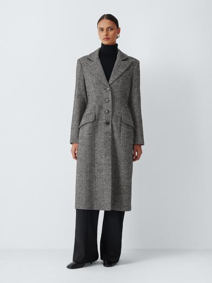 John Lewis Single Breasted Waisted Herringbone Coat, Grey, Grey