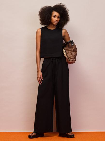 Ro&Zo Petite Drawstring Wide Leg Trousers, Black, Black