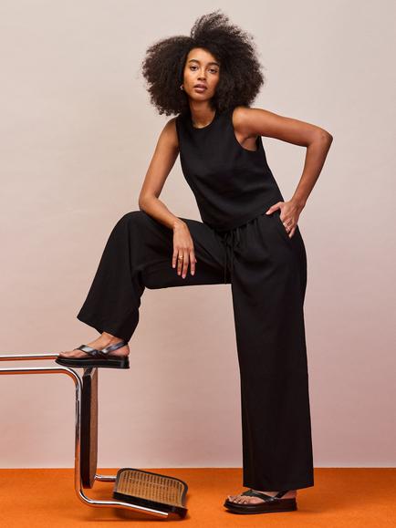 Ro&Zo Petite Drawstring Wide Leg Trousers, Black - view 2, Black